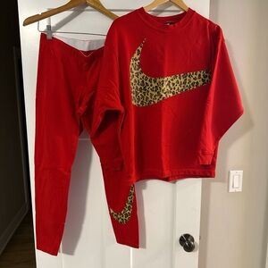 Nike Red Sweatshirt with Leopard Accent, pants M, sweatshirt S